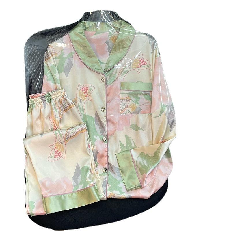 High-Value Long-Sleeved Pajamas For Women'S Spring And Summer New Small Fresh Lotus Flower Silky Loungewear Set, Real Shot