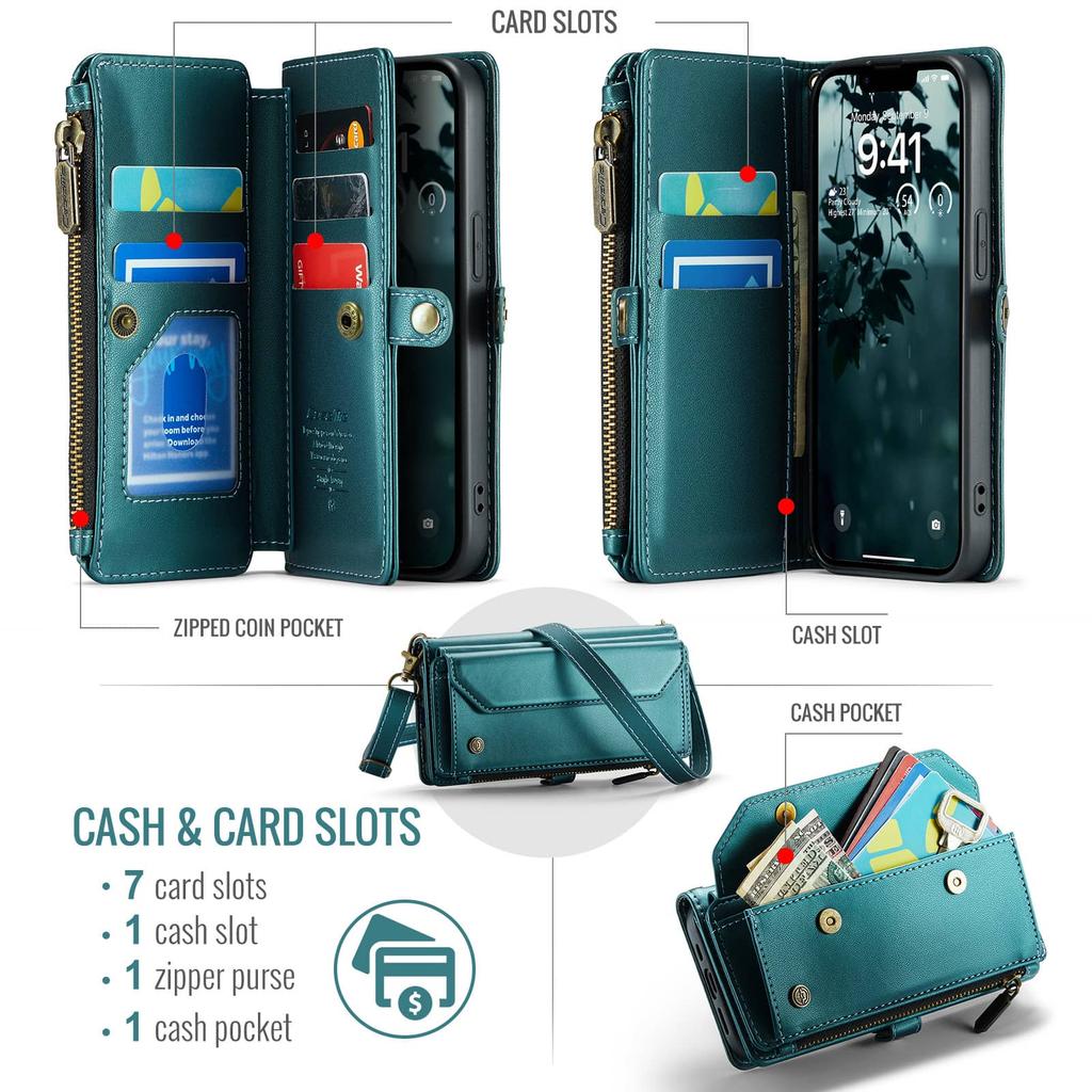 Per iPhone 17e 16e Custodia Portafoglio a Tracolla Blocco RFID Pelle PU Copertura Magnetica a Flip Porta 7 Carte Tasca con Zip Tracolla