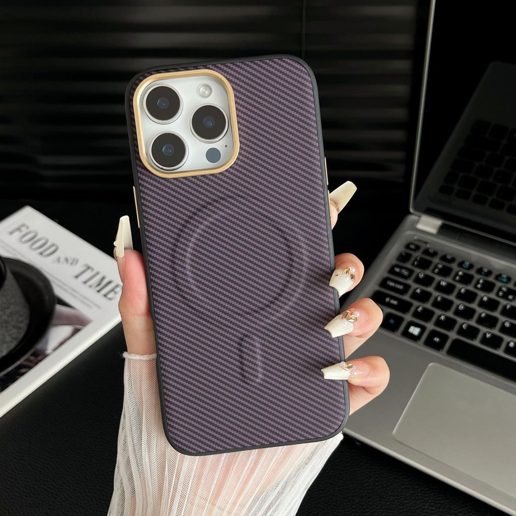 For IPhone 16 ProMax Kevlar Carbon Brazing Pattern Phone Case Magnetic for Apple 15 with Metal Lens Ring