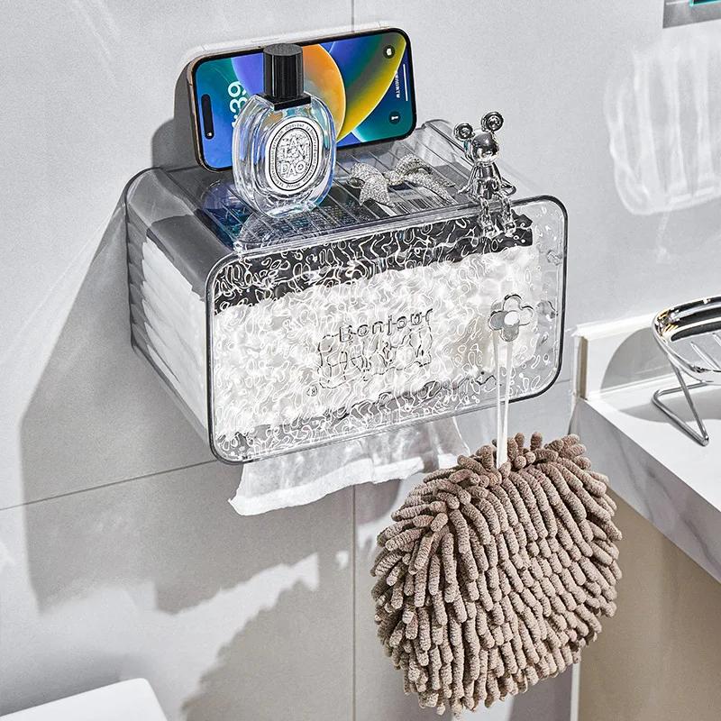 Transparent Toilet Paper Holder for Wall Mounted Storage Toilet Roll Paper Without Punching Suction Paper Box Tissue Box