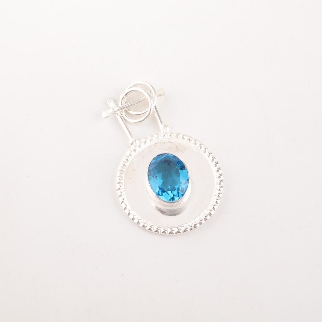 Swiss Blue Topaz Gemstone 925 Stamped Silver Jewelry Handmade Women Pendant 1.4" PP-57-3