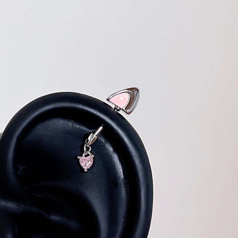 

Cat Ear Ring Store Ear Bone Stud Devil Nail Titanium Steel Ear Wheel Nail Cat Ear Stud Niche Design Silver bottom Heart kitten ear 1