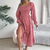Elegant Women Solid High Waist Pleated Dress Long Sleeve Dot Lace Up Autumn Winter