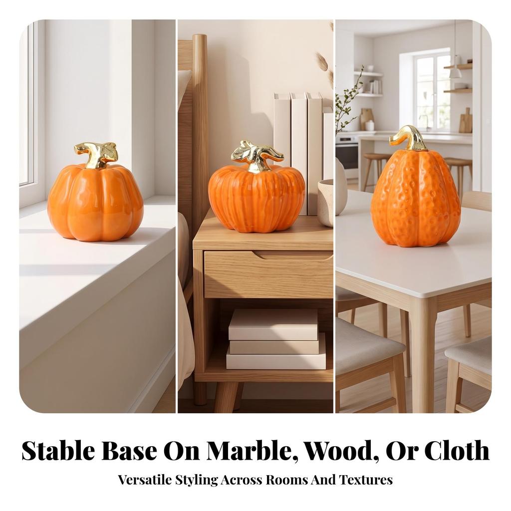Ceramic Pumpkin Figurine Ribbed Thanksgiving for Desk