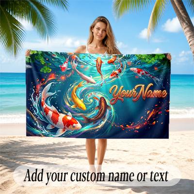 Koi Fish Theme Quick Dry Beach Towel Custom Name Text Print Large Sand Resistant Towel Beach Vacation