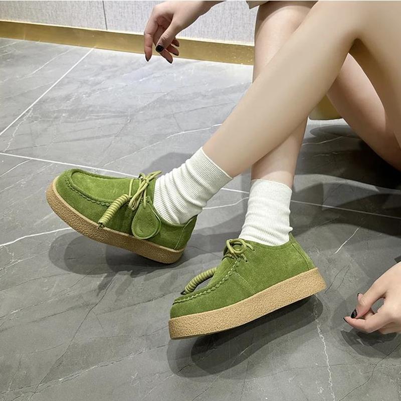 Zapatos para Mujer Mocasines Gamuza Cuero Genuino Estilo Británico Con Cordones Zapatos de Estudiante Mujer Talla Grande Zapatos Clásicos para Mujer