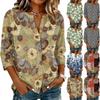 Women Vintage Floral Print Henley Button Neck Shirt Three Quarter Sleeve Linen Cotton Blouse Casual Loose Fit Top for Everyday Wear