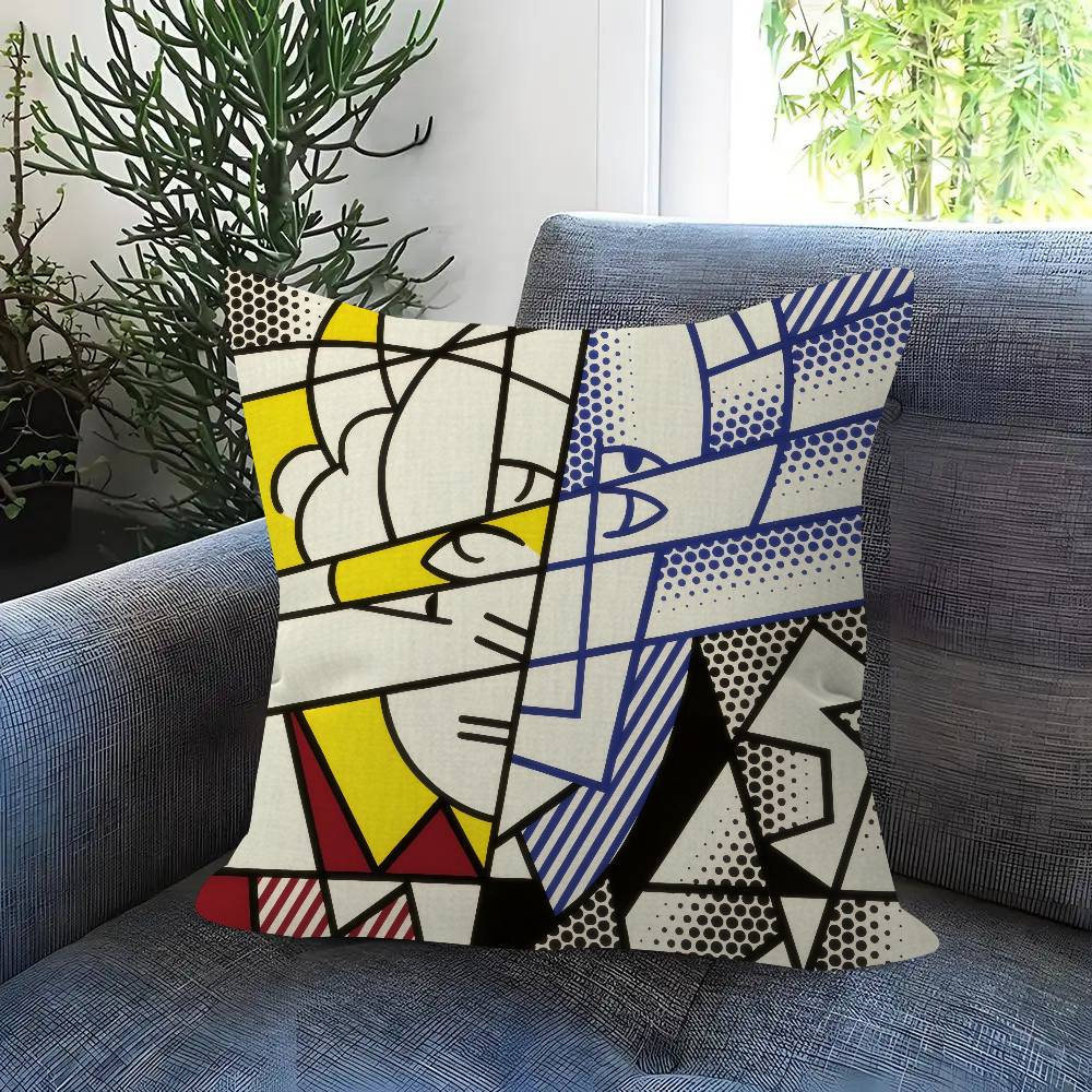 Roy Lichtenstein Pop Art Dubbelzijdig Bedrukt Kussenhoes Korte Pluche Geschikt voor Woonkamers Slaapkamers Banken Sierkussenhoes Peach skin 18*18(CM)-1Pcs
