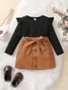Black Ribbed Round Neck Long Sleeve Top + Girls Fashion Yellow Brown Half Skirt Set