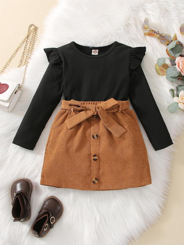 Black Ribbed Round Neck Long Sleeve Top + Girls Fashion Yellow Brown Half Skirt Set