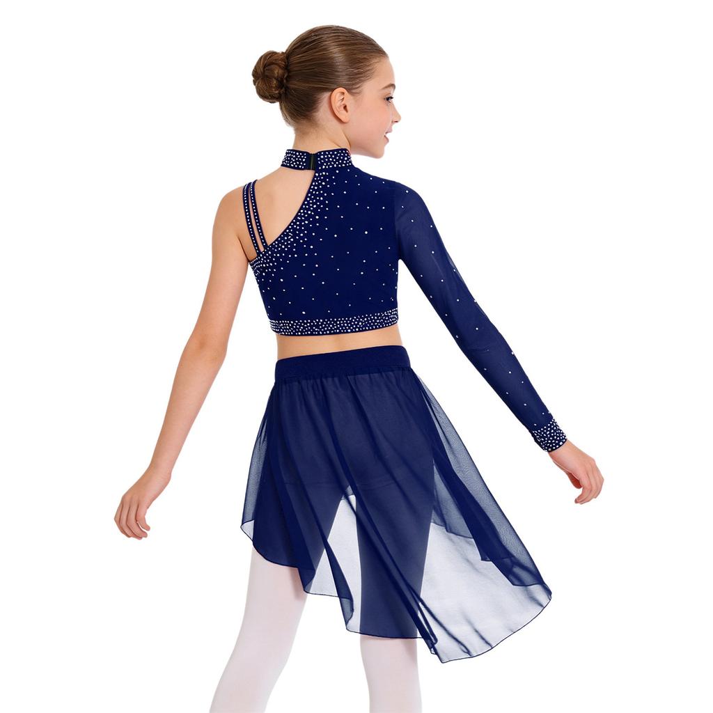 Mädchen Tanzset Funkelnde Strasssteine Oberteile Einzigartiges Unregelmäßiges Schulterfreies Crop Top High-Low Chiffon Rock