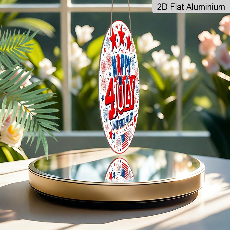 2D Flat, 1pc Round Aluminum "Happy 4th of July Independence Day" Sign, Patriotic Stars & Fireworks Metal Plaque, Red White Blue USA Flag Design