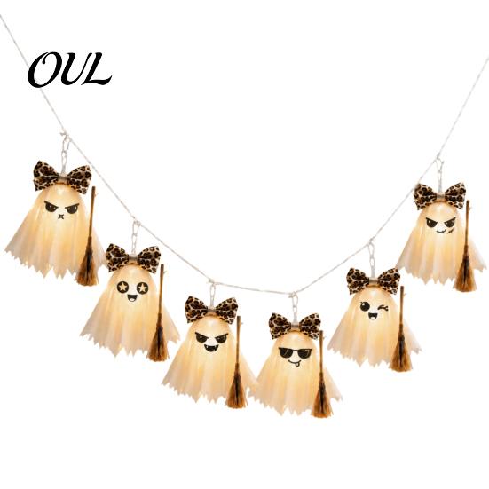 Leopard Print Bow Ghost Lights LED String for Halloween Decorations, Cute Hanging Gauze Lamps Holiday Room Ornament with Warm White Lights,