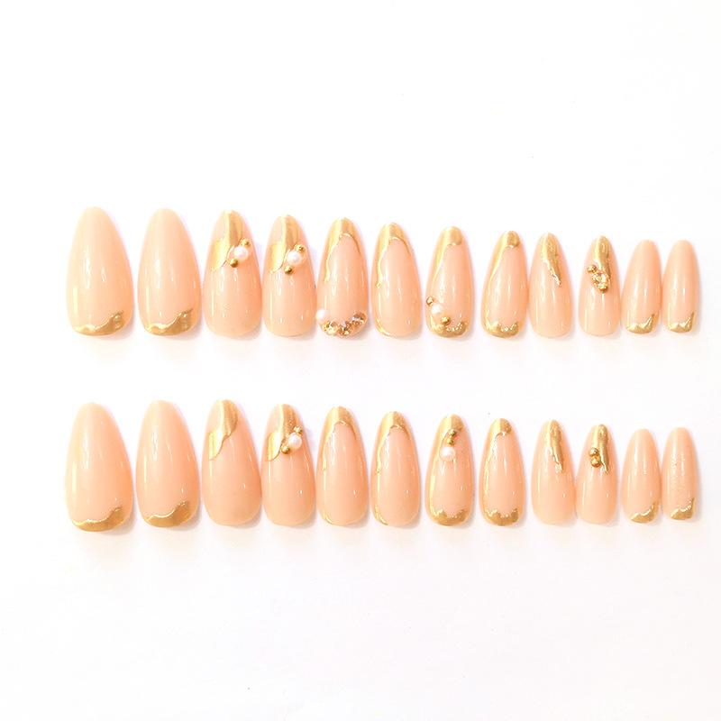 24 Nail Art High Fashion Three-Dimensional Gilt Design Pearl Long Almond Wearing Nail