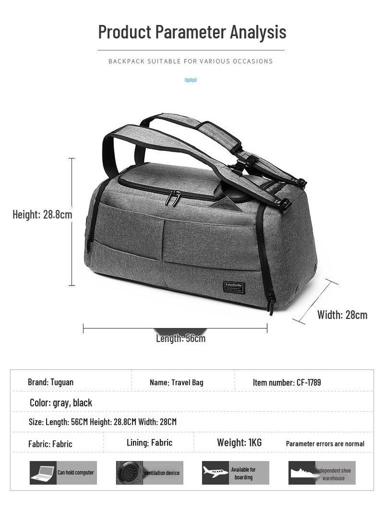 Large Travel Gym Bag with Anti-Theft, Dry & Wet Separation, and Suitcase Handle Attachment