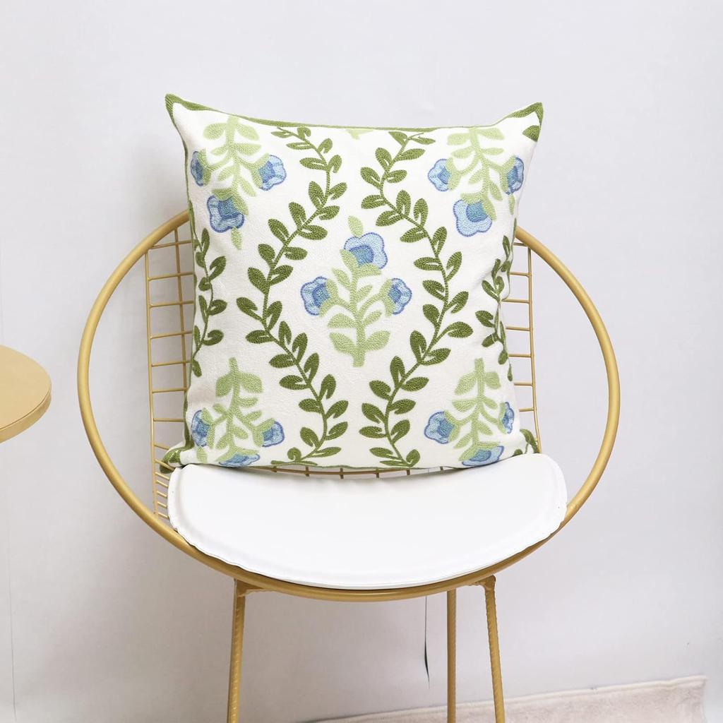 Set of 2 Embroidered Decorative Throw Pillow Covers Couch Square Pillowcases Cushion for Bedroom Sofa Farmhouse Decor 18x18 Inch (Blue Floral)