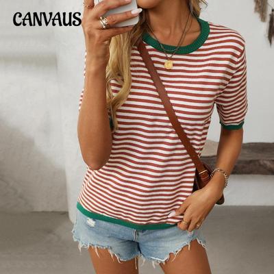 Women's Summer New Round Neck Striped Collision Colour Short Sleeve Casual Jumper