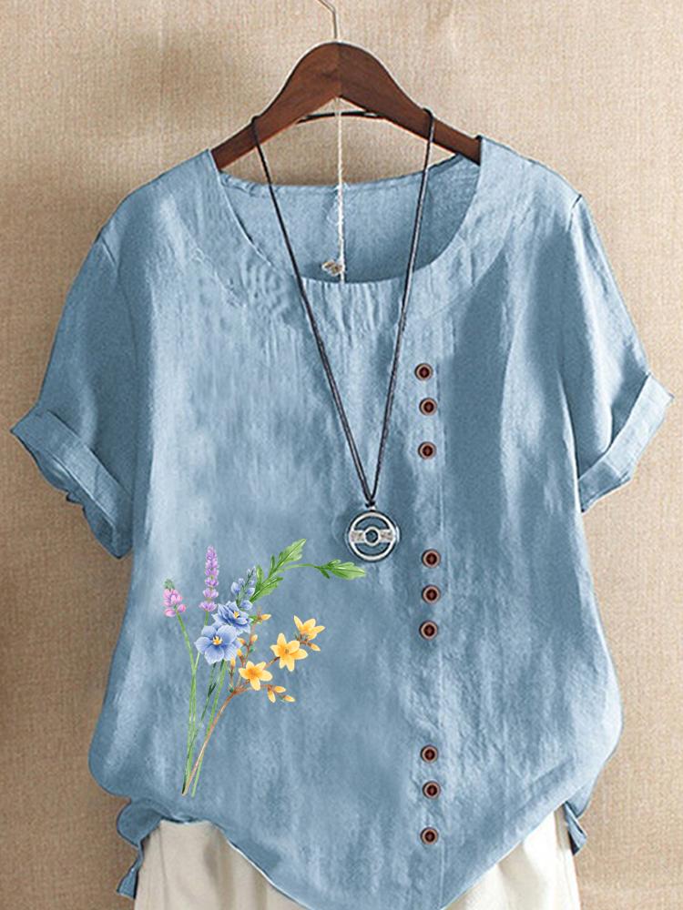 Women's Fashion Floral Print Casual Cotton Linen Short Sleeve Round Neck T-shirt Shirt Leisure Loose Summer Blouse Tops