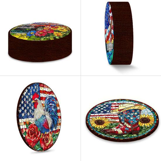 Patriotic Wooden Coasters, Vintage American Theme Coasters with Heat Resistant & Non-Slip Design, 10cm Round Universal Size for Holiday Decor