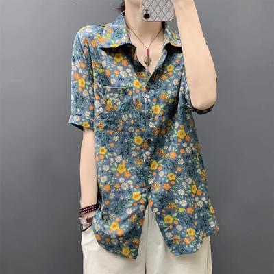 Export New Short-sleeved Floral Shirt Women's Cotton and Linen Loose and Versatile Medium and Long Korean Version Shirt Bottoming Shirt