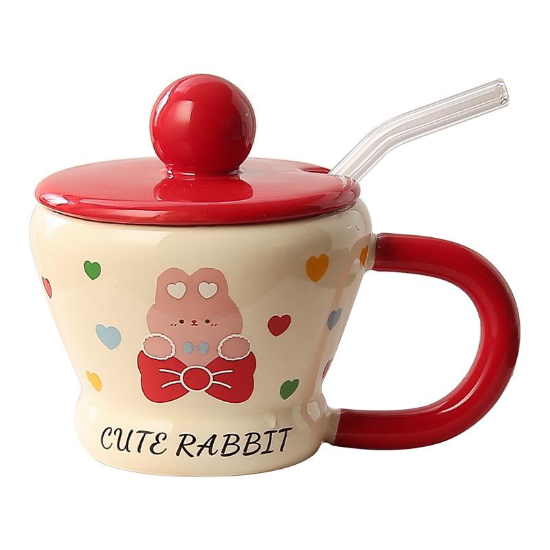 Kreativní ručně štípaný roztomilý králíčí hrnek s víkem, slámový kelímek na mléko, praktický keramický hrnek na vodu pro domácnost, pitná voda