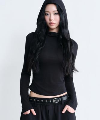 T-shirt à manches longues avec capuche drapée pour femme [Noir]