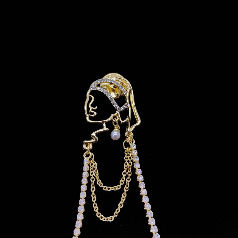 Brooch High-End Niche Girl Wearing Pearl Earrings Corsage Long Tassel Retro Accessories Suit Pin Woman