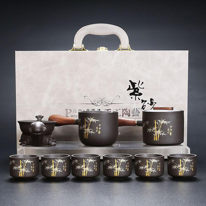 Lila Sand Schritt für Schritt Gaosheng Kung Fu Tee-Set, Handbemaltes Gold-Set, Teekanne, Haushalt Rohmineral Schlamm Teekanne, Teetassenset