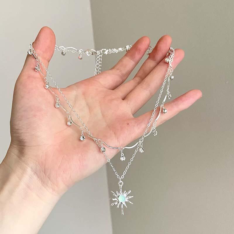 Fashion Opal Sun Pendant Necklace for Women Exquisite Double-Layer Rhinestone Necklace Y2K Simple Charm Jewelry Accessories