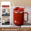 Shangqi 304 Stainless Steel Car Mug with Straw and Lanyard - 500ml, Red