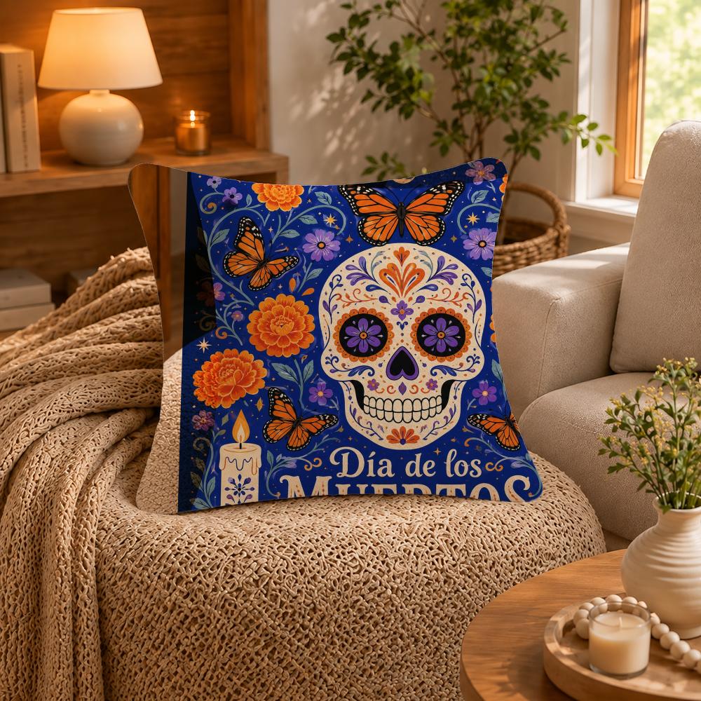 Style Day Of The Dead Cushion Cover Short-Plush Cushion Cover Pillowcase — Suitable For Sofas Bedrooms And Home Decor