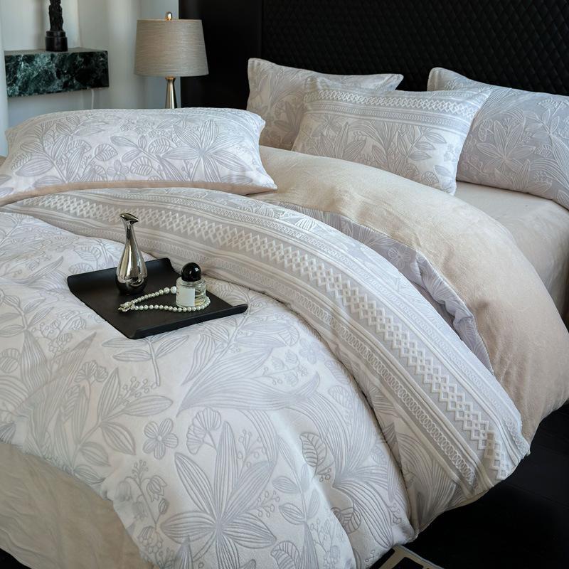 Milk Fleece Four-piece Set, Thickened Carved Fleece, Bed Sheet Quilt Cover, Bed Three-piece Set