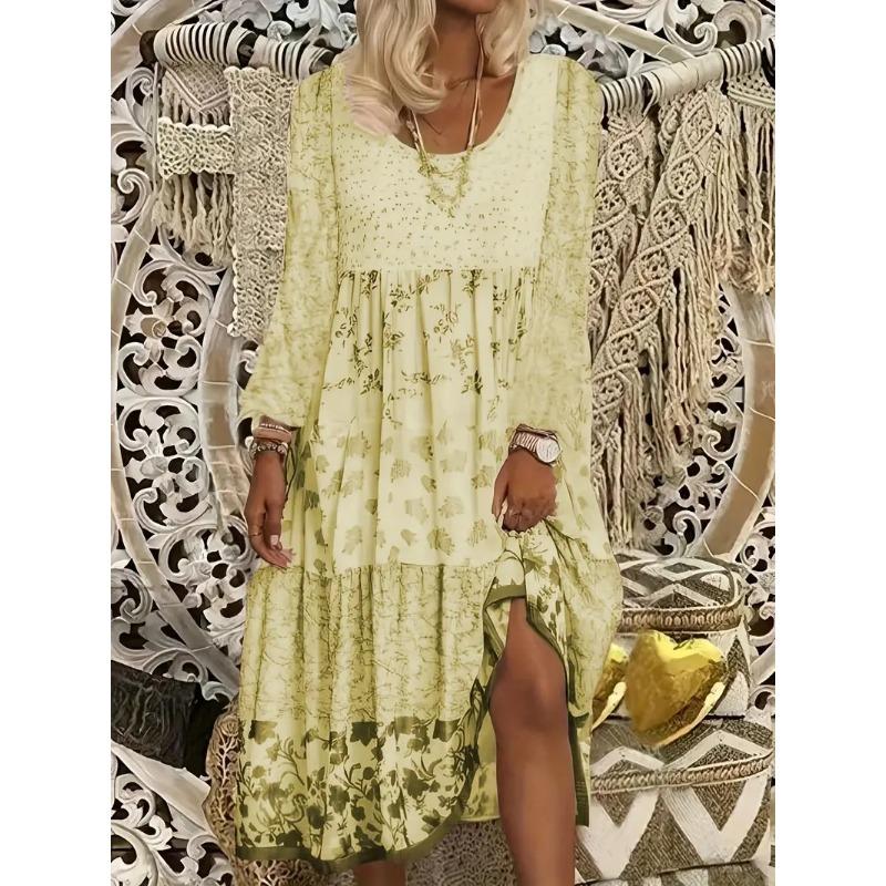 Women Long Sleeve Printed Round Neck Casual Dress