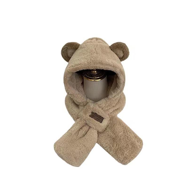 Plush bear hat, scarf, integrated thickened scarf, cute winter versatile cycling to keep warm, plush ear protectors and hooded.