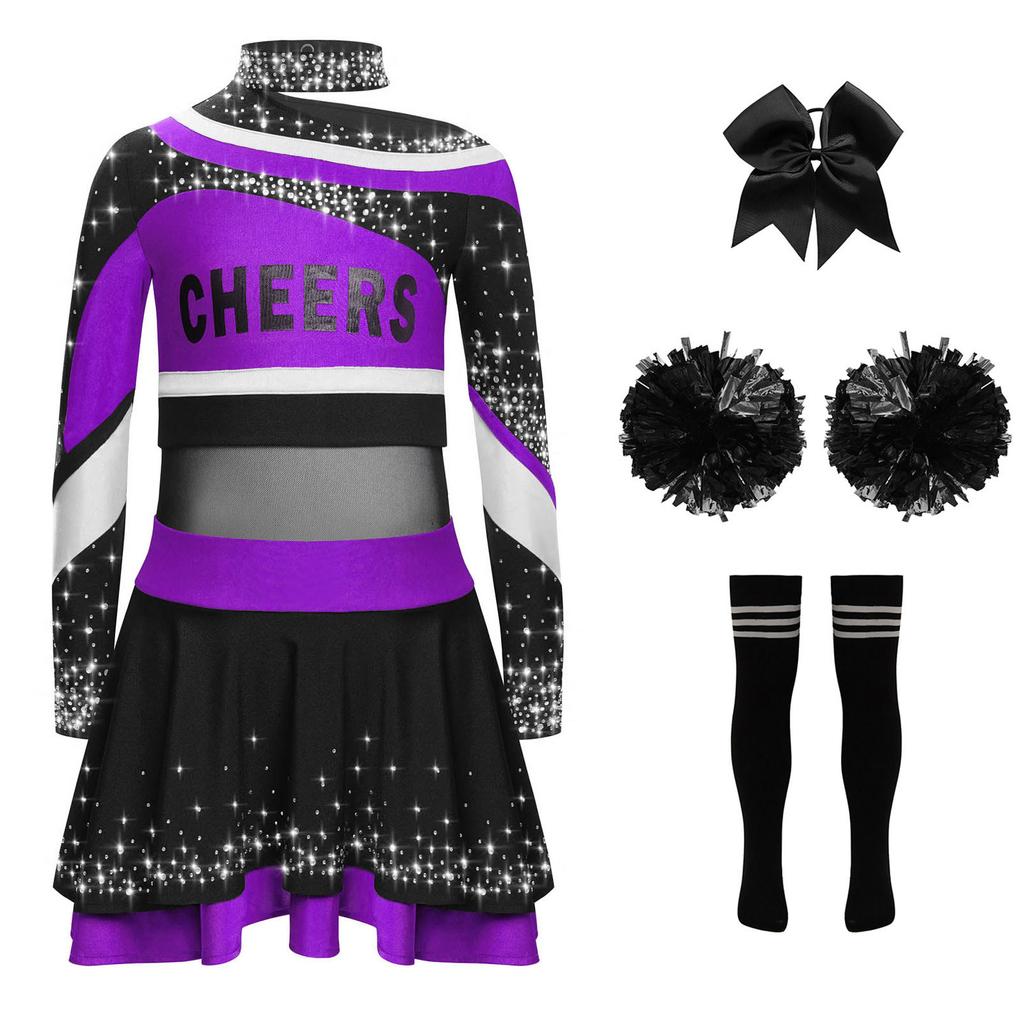 Girls Cheerleading Costume Set Long Sleeve Rhinestone Letter Print Color Block Top Skirt Bowknot Headband Striped Socks Pom Poms