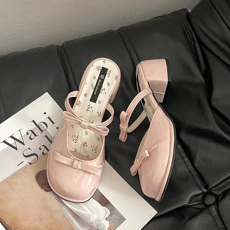 Sommer Schmetterlingsknoten Zehenabdeckung Damen Hausschuhe Elegant Dicker Absatz Kleid Pantoletten Damen Prägnant Tanzparty Ballschuhe