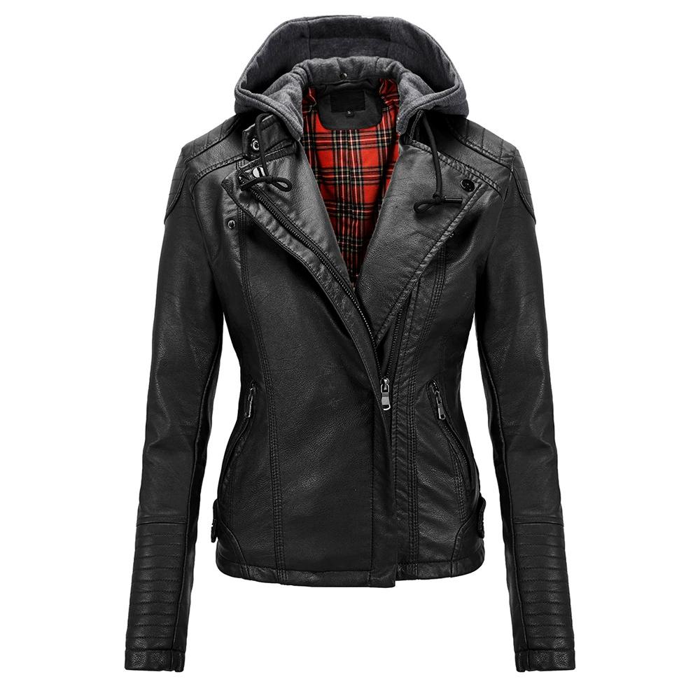 

Осенне-зимняя женская мотоциклетная кожаная куртка, короткая съемная куртка с капюшоном, приталенная куртка с флисовой кожаной курткой для женщин XL чёрный