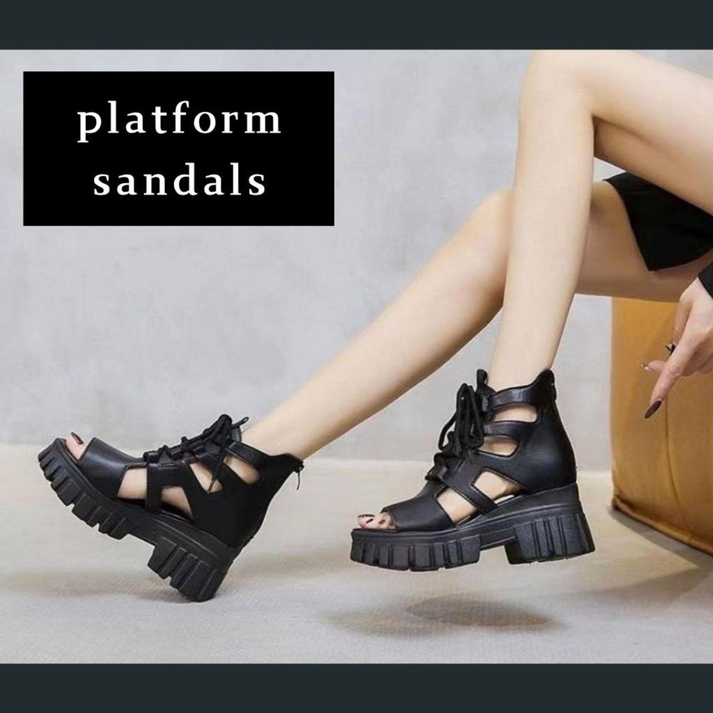 Épais Ouvert Allonge Style Beau Dos Respirant [ALVEIN] Sandales, Semelle, 7cm, Gladiateur, Gurkha, Femme, À lacets, Bout, Décontracté, Jambes, Met en valeur,