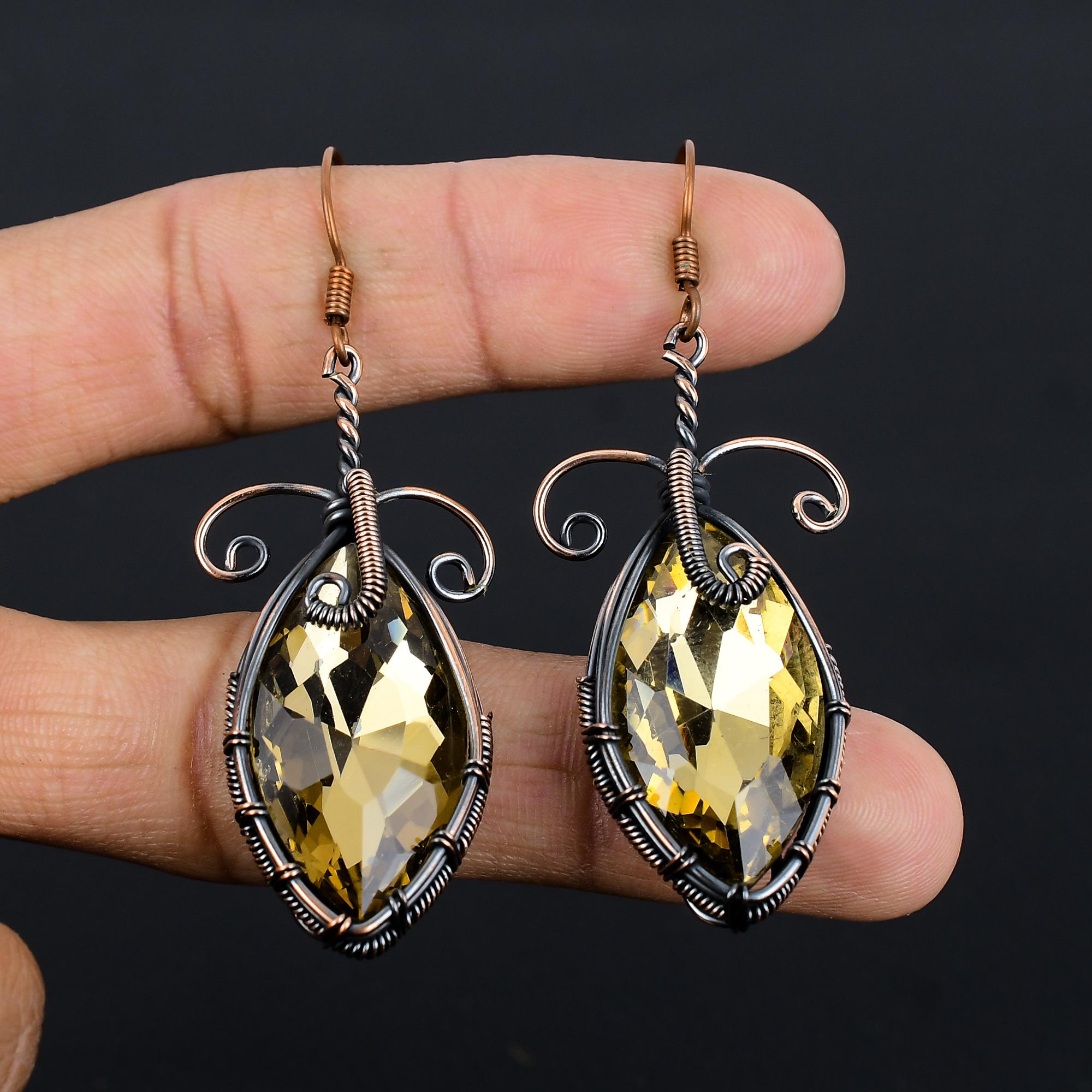 

Серьги с дымчатым топазом, ювелирные изделия с драгоценными камнями, серьги, обернутые медной проволокой 999 пробы, красивые серьги ручной работы 2.55 Inches