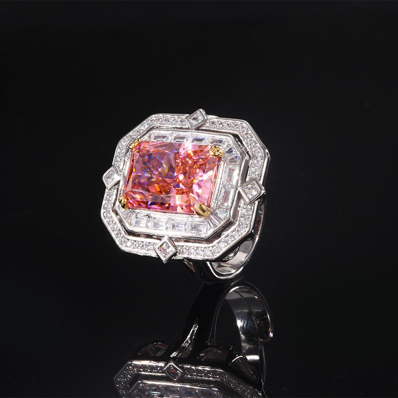 Copper Bottom Gold-Plated High Carbon Diamond Ice Flower Square Diamond Copper Setting Temperament Light Luxury Square Diamond Ring Women 10 * 14