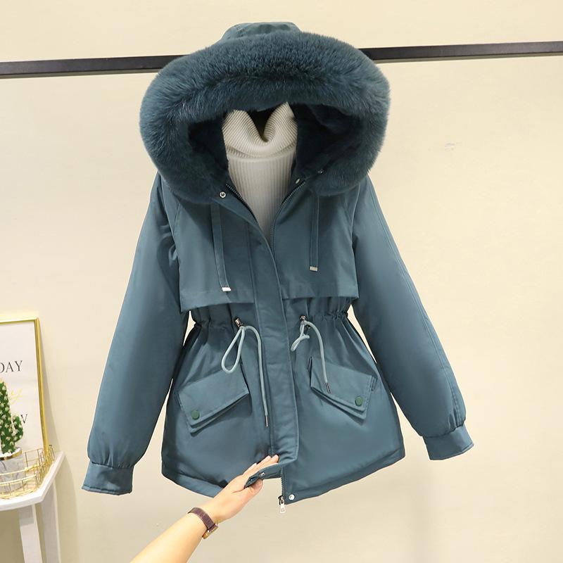 Big fur collar hooded pie overcomes women's autumn and winter drawstring waist pocket thermal cotton clothes