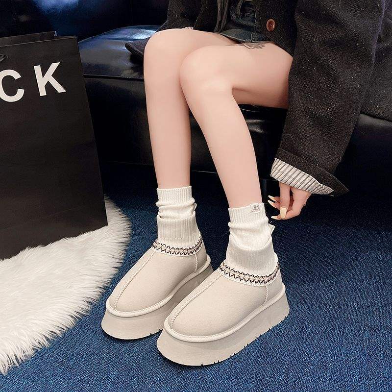 2025 νέα χειμερινά χοντρόσολα χιονιού με φλις επένδυση ζεστά μποτάκια χιονιού γυναικεία με φλις χοντρή μάλλινη επένδυση πλεκτά μποτάκια με μάλλινο στόμιο