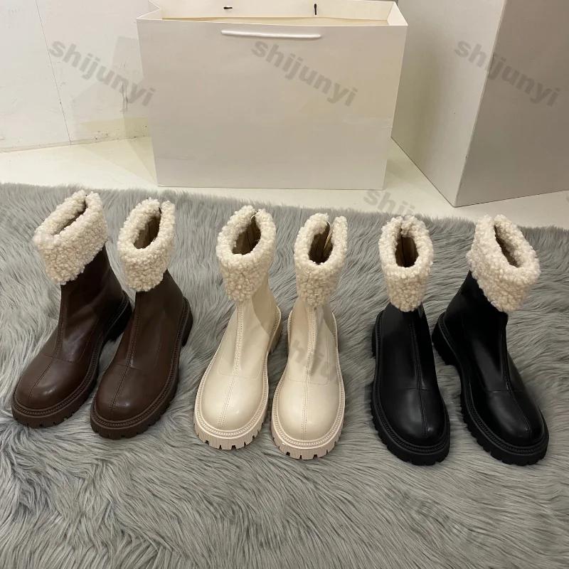 Fashion Women Winter New Soft Leather Knee Boots Ladies Fashion Outdoor Thick Soled Black Long Round Toe Knee-high Knight Boots Footwear