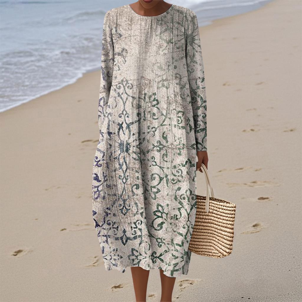 Women's Fashionable Casual Long-Sleeved Round Neck Floral Print Zipper Dress