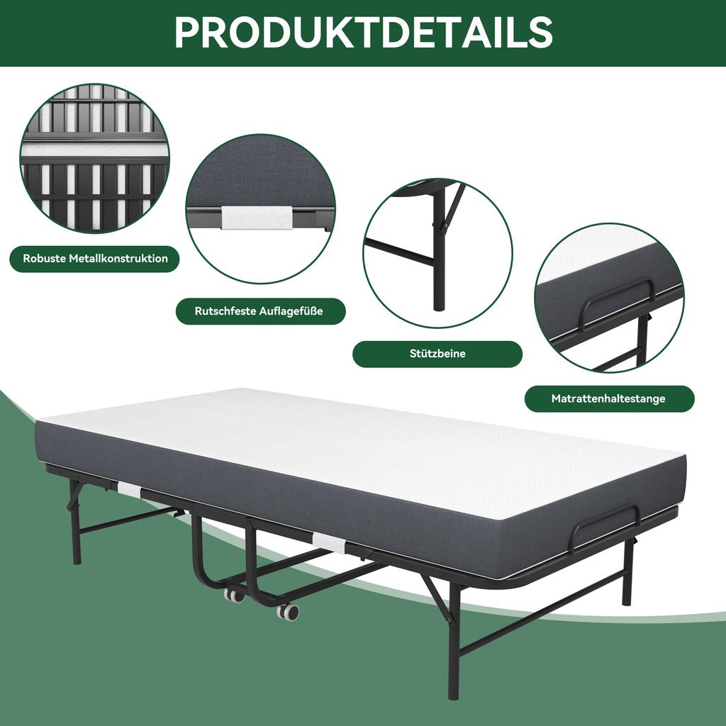 190 × 96 cm Klapp-Einzelbett mit 9,5 cm Memory-Schaumstoffmatratze, Tragbares Gästebett/Klappbett, Stabiler Metallrahmen