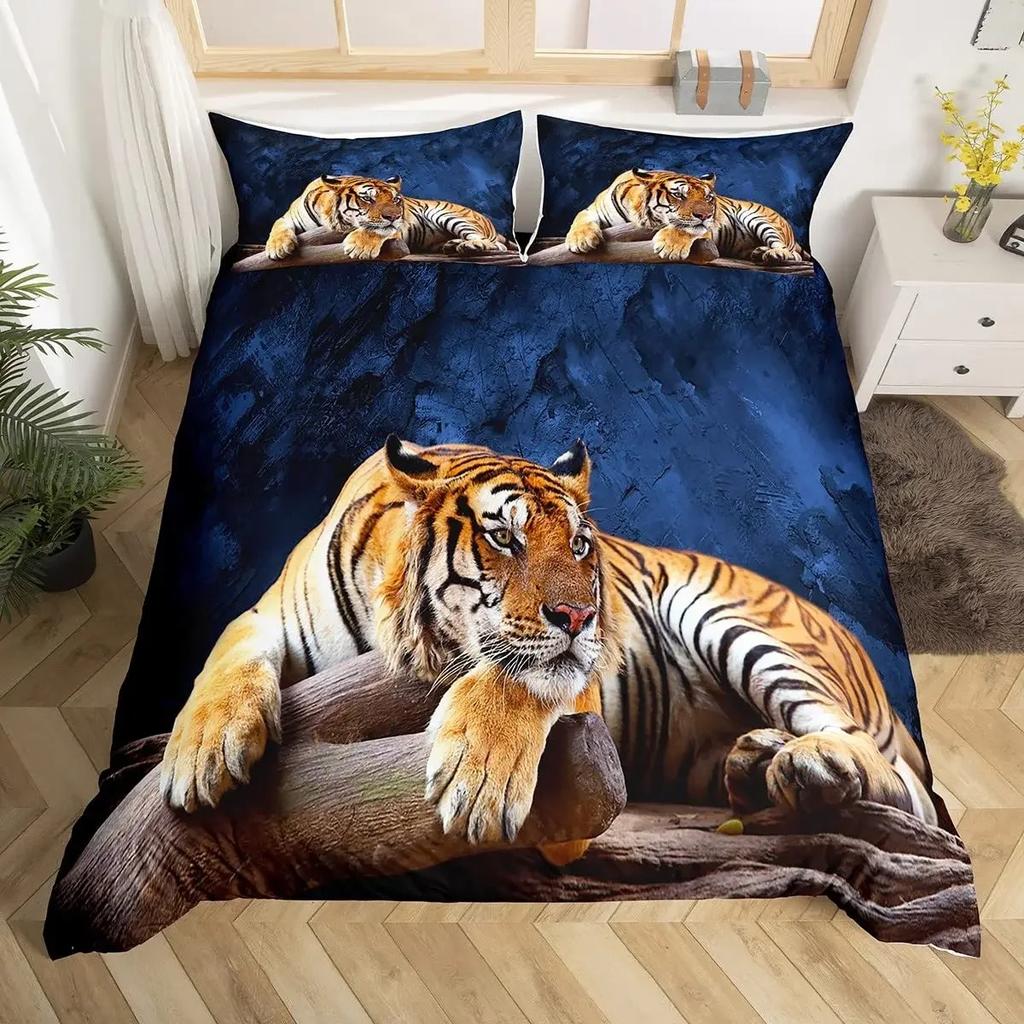 White Tiger Red Rose King Queen Duvet Cover Africa Big Cat 3D Polyester Bedding Set for Adult Teen