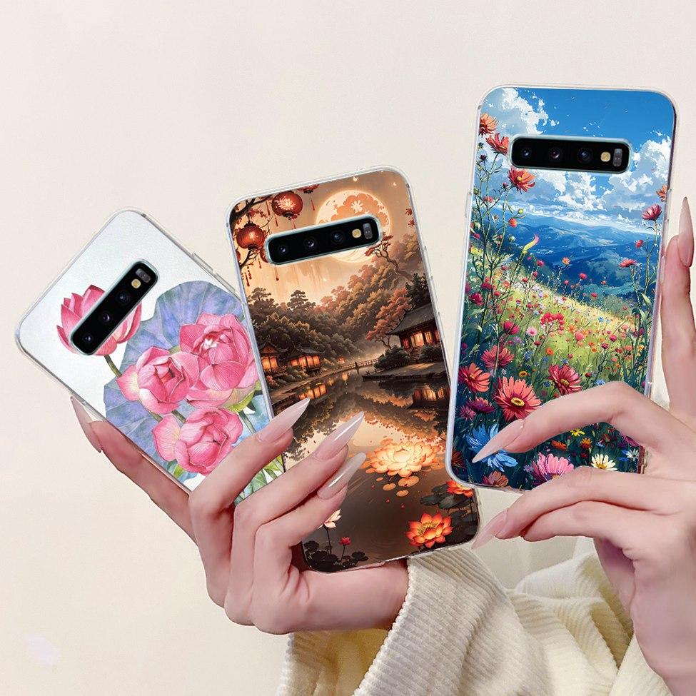 For Samsung S10 Plus Case SM-G975F Cute Kawaii Fashion Flowers Luxury Cool Painted Soft Cover For Samsung Galaxy S10+ Phone Case