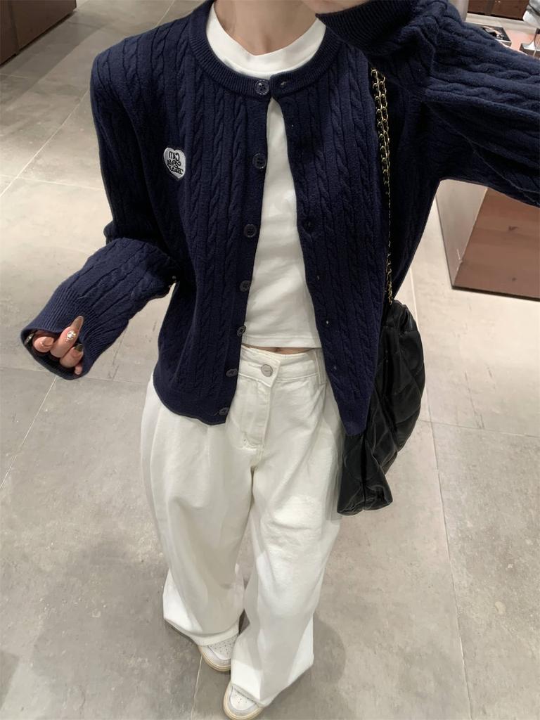 Navy blue white round neck twist embroidered knitted sweater for women's spring and autumn small design sweater jacket