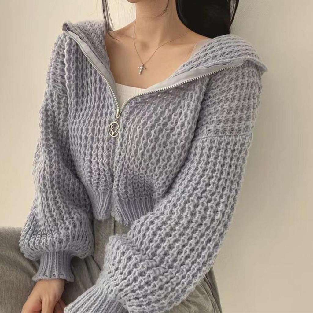 Hooded Knitted Cardigan Sweater Loose Zipper Long Sleeve Jacket