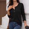 Autumn Winter Solid Color Round Neck Button Loose Long Sleeve T-Shirt Top for Women